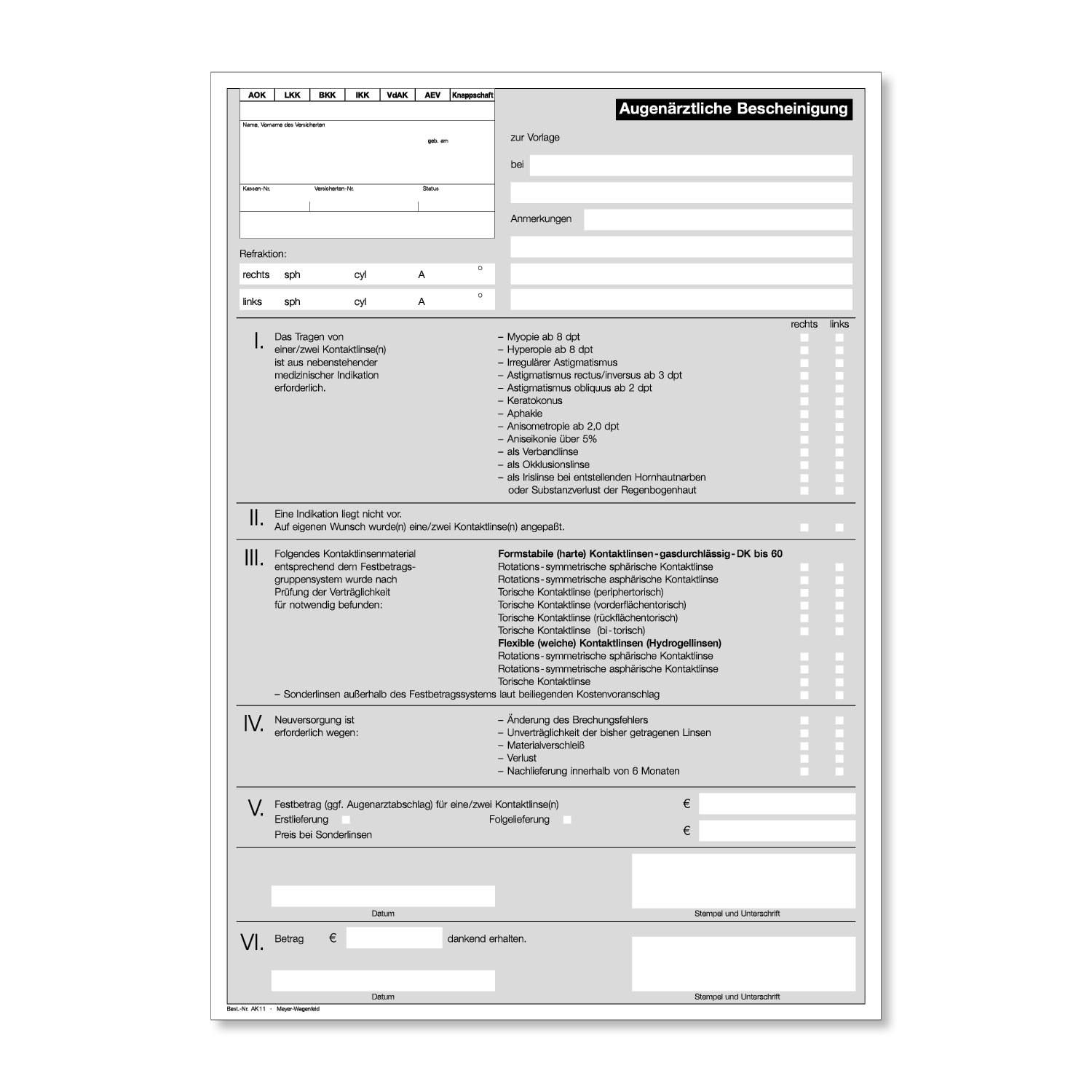 Kontaktlinsen-Bescheinigung für Selbstanpasser