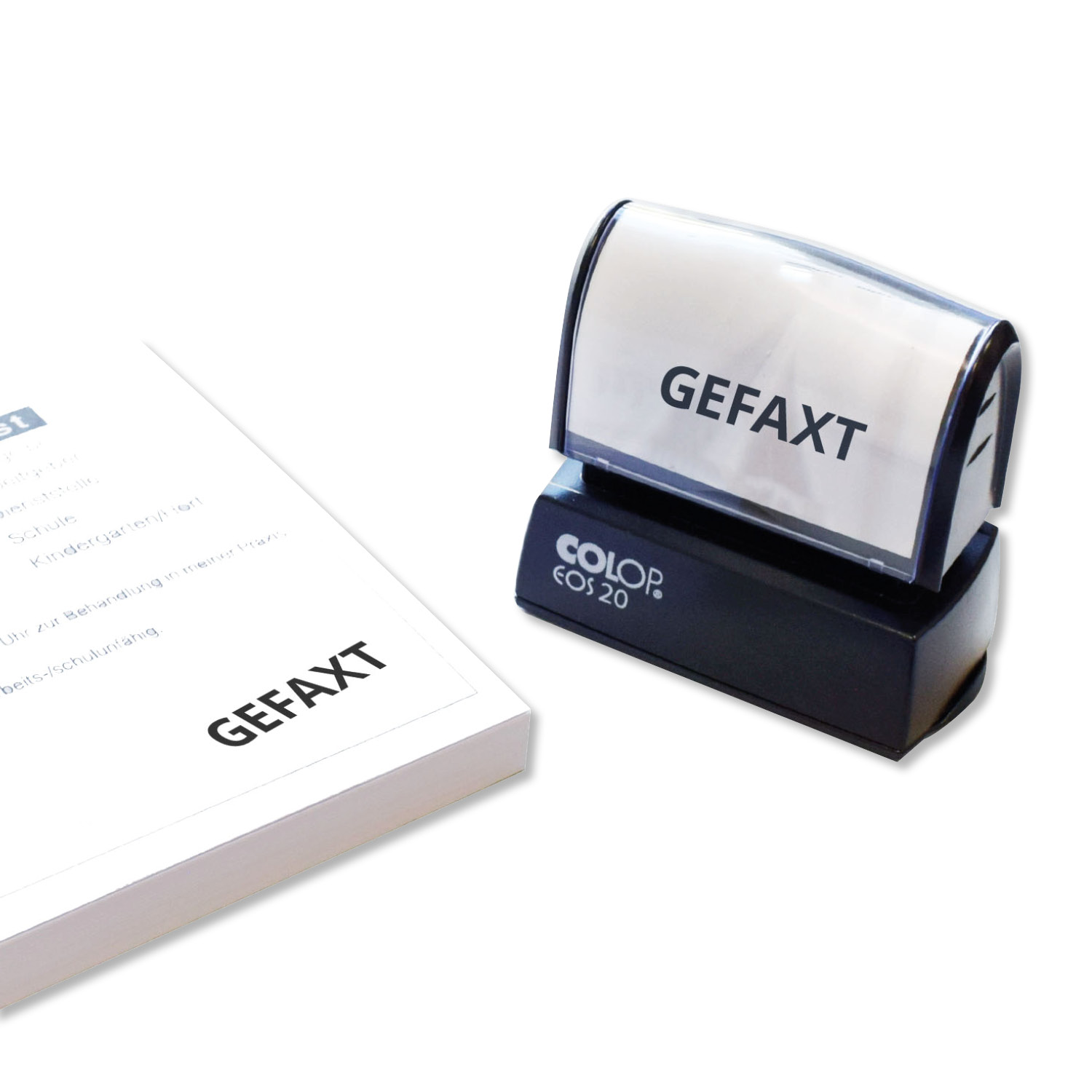 Hinweis-Stempel "GEFAXT"