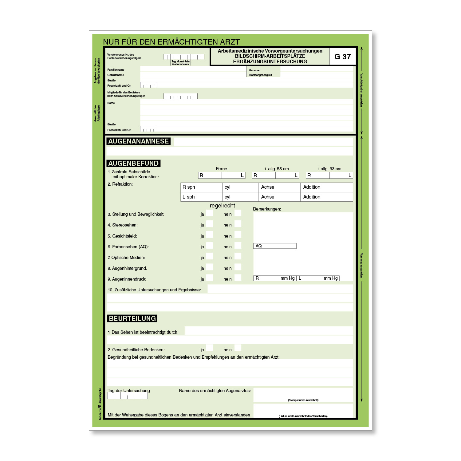 G37 Ergänzungsuntersuchung | Arbeitsmedizinische Vorsorgeuntersuchung